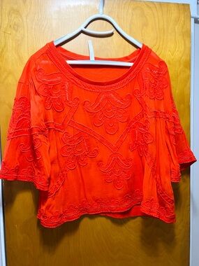 Anthropologie Embroidered Tunic Top - Bright Red